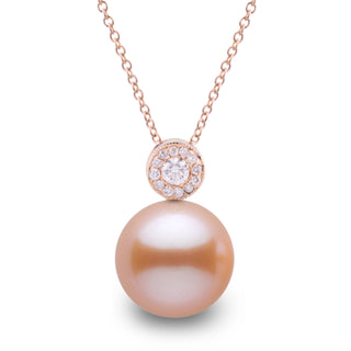 Aura Collection 10.0-11.0 mm Pink to Peach Freshadama Pearl and Diamond Pendant in 14K White Gold on a Box Chain
