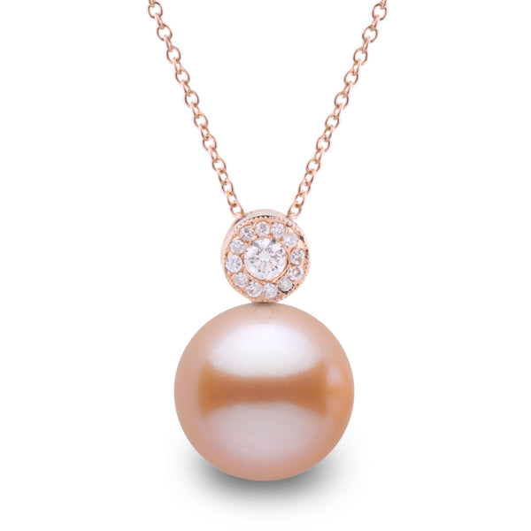 Aura Collection 10.0-11.0 mm Pink to Peach Freshadama Pearl and Diamond Pendant in 14K White Gold on a Box Chain
