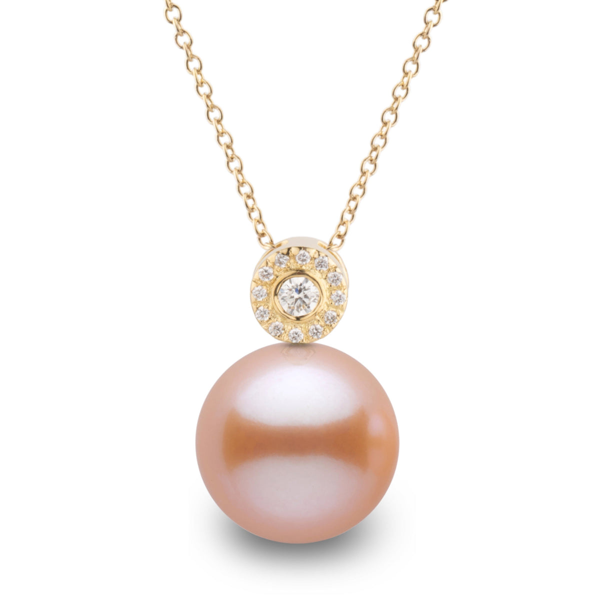 Aura Collection 10.0-11.0 mm Pink to Peach Freshadama Pearl and Diamond Pendant, view 3