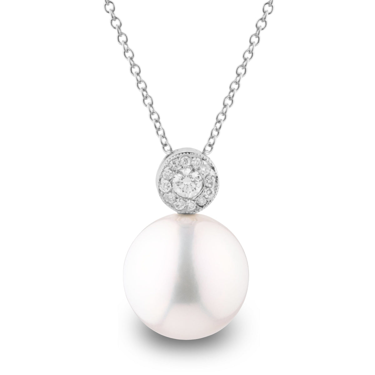 Aura Collection 10.0-11.0 mm White Freshadama Pearl and Diamond Pendant in 14K White Gold on a Box Chain