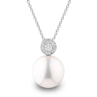 Aura Collection 10.0-11.0 mm White Freshadama Pearl and Diamond Pendant in 14K White Gold on a Box Chain