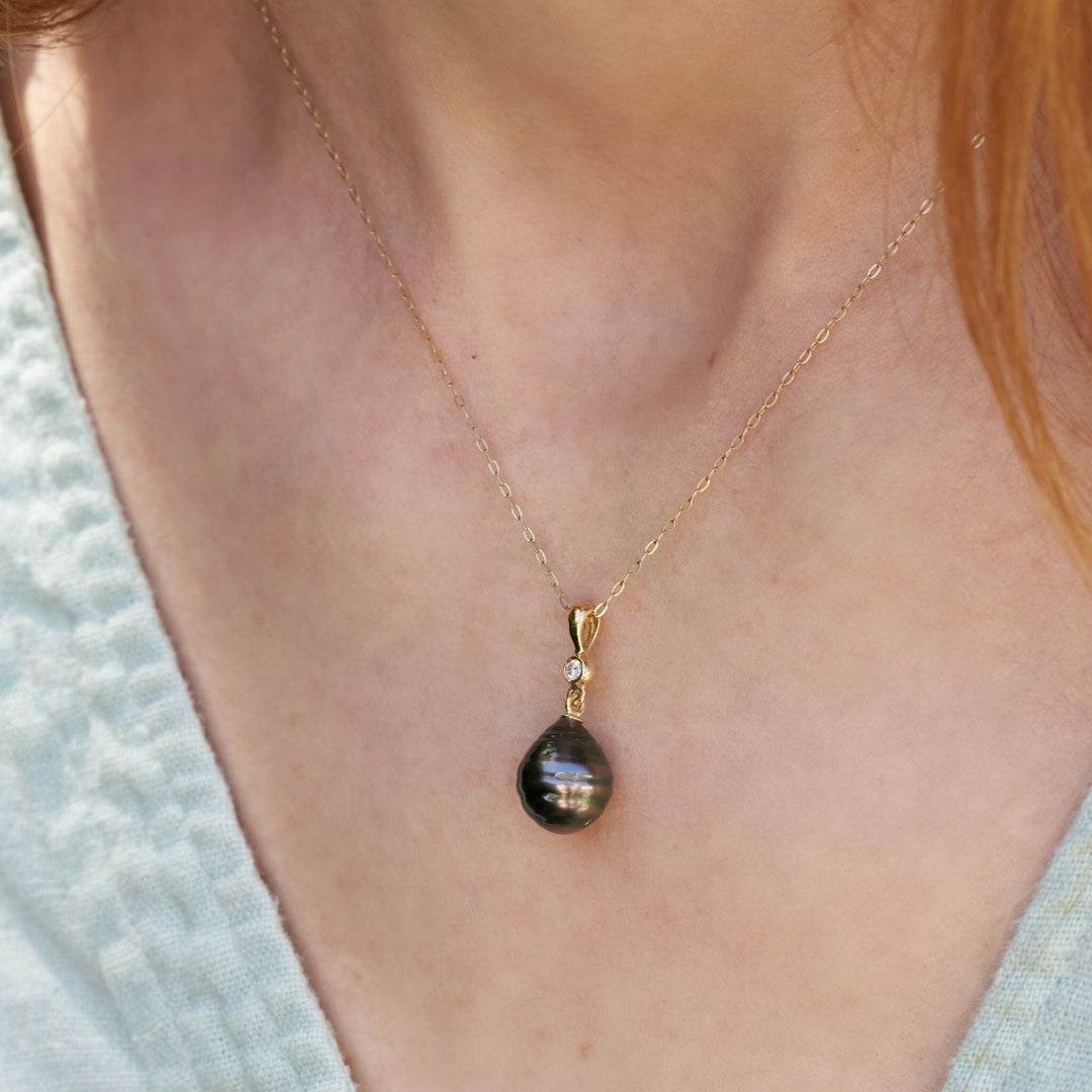 10.0-11.0 mm Tahitian Baroque Pearl and Diamond Romantic Pendant on model