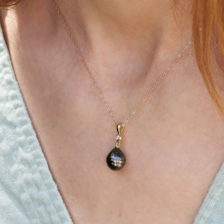 10.0-11.0 mm Tahitian Baroque Pearl and Diamond Romantic Pendant on model