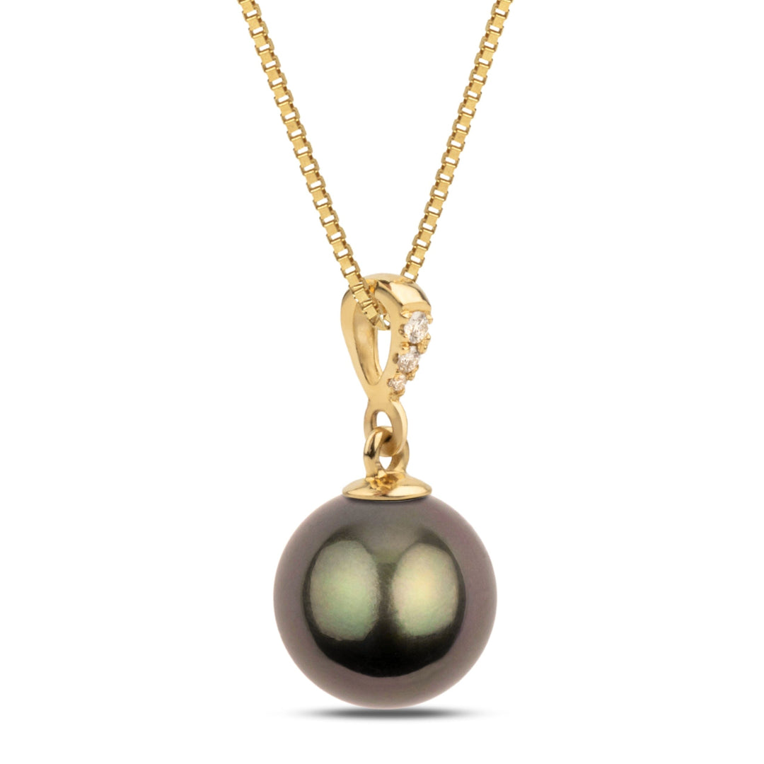 Grace Collection 10.0-11.0 mm Tahitian Pearl and Diamond Pendant featuring a large dark Tahitian pearl with a gold setting accented by small sparkling diamonds on a delicate gold chain.