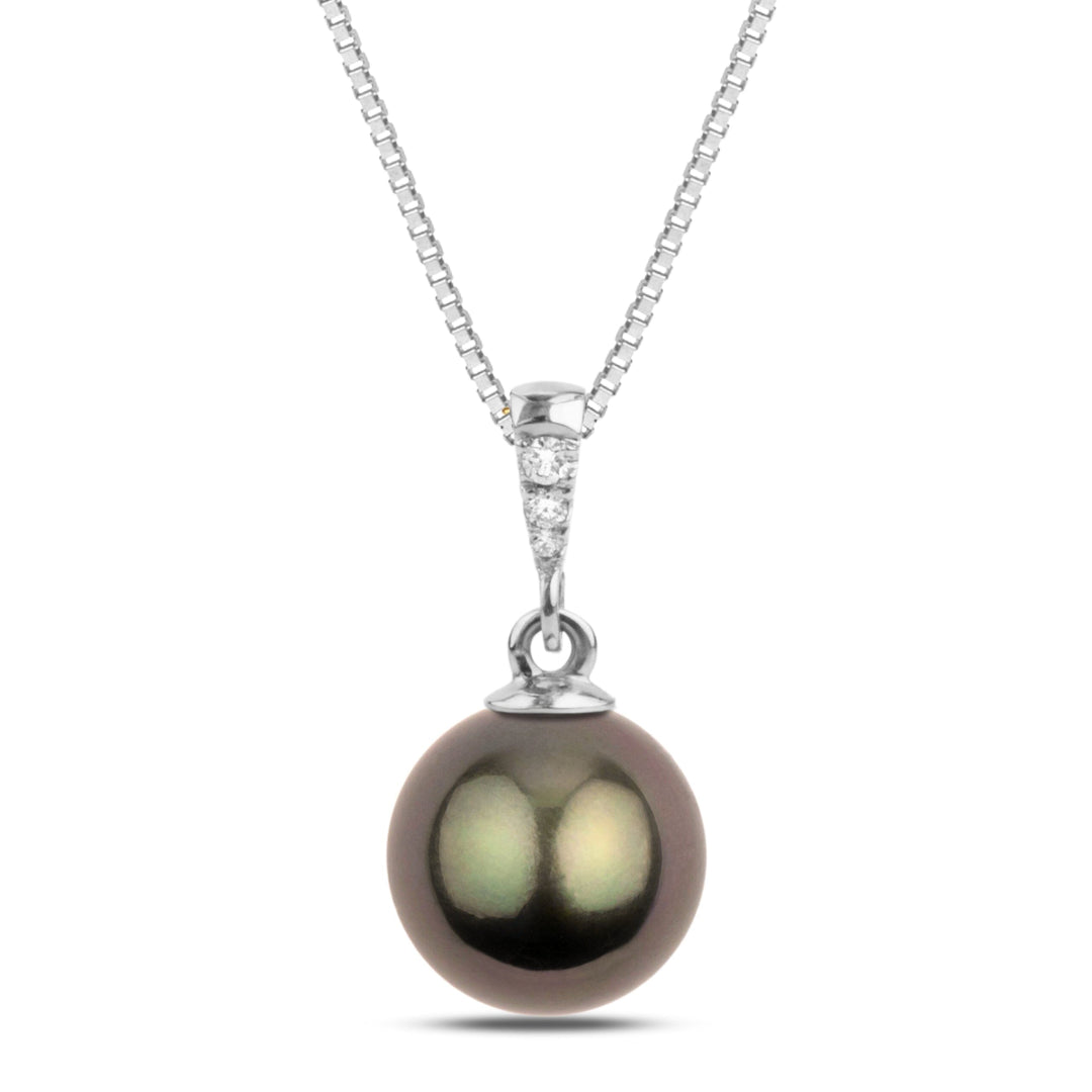 Grace Collection 10.0-11.0 mm Tahitian Pearl and Diamond Pendant featuring a lustrous dark Tahitian pearl accented by sparkling diamonds on a delicate white gold chain.