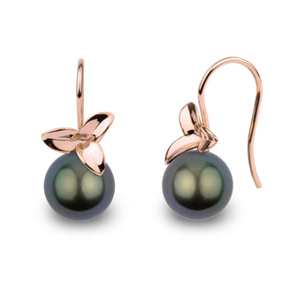 Blossom Collection 10.0-11.0 mm Tahitian Pearl Earrings featuring lustrous dark Tahitian pearls set in elegant rose gold floral-inspired hooks, a refined pearl jewelry choice.