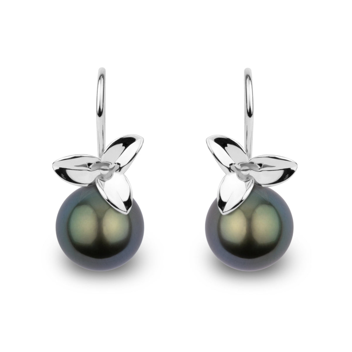 Blossom Collection 10.0-11.0 mm Tahitian Pearl Earrings featuring lustrous dark pearls with elegant 14K white gold floral settings, perfect for refined, timeless style.