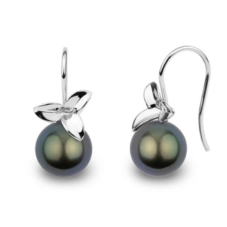 Blossom Collection 10.0-11.0 mm Tahitian Pearl Earrings featuring lustrous dark pearls with elegant 14K white gold floral accents on delicate hooks, ideal for sophisticated pearl jewelry lovers.