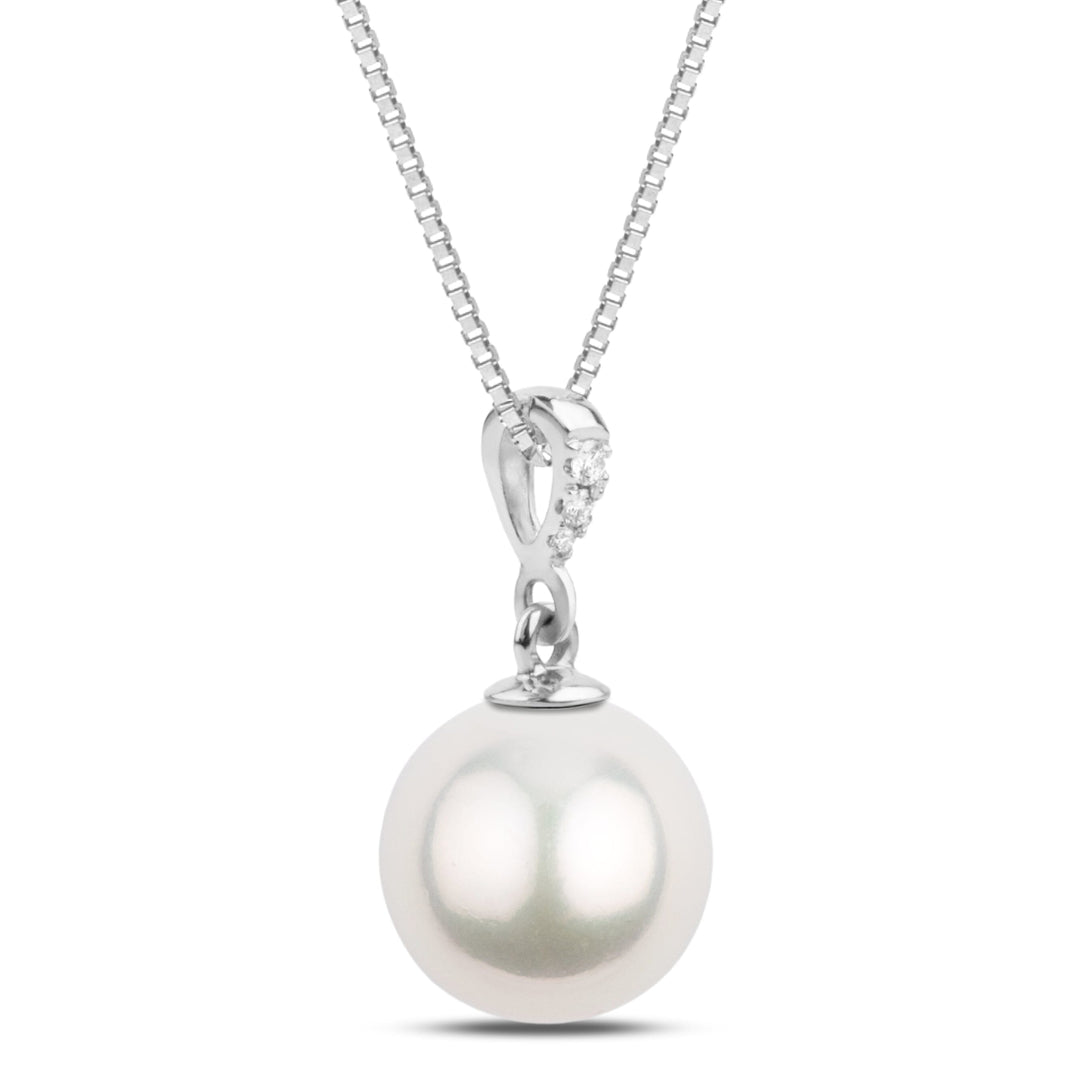 Grace Collection 10.0-11.0 mm White South Sea Pearl and Diamond Pendant with a lustrous white pearl hanging from a delicate white gold chain accented by sparkling diamonds.