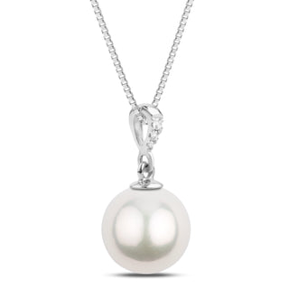 Grace Collection 10.0-11.0 mm White South Sea Pearl and Diamond Pendant with a lustrous white pearl hanging from a delicate white gold chain accented by sparkling diamonds.