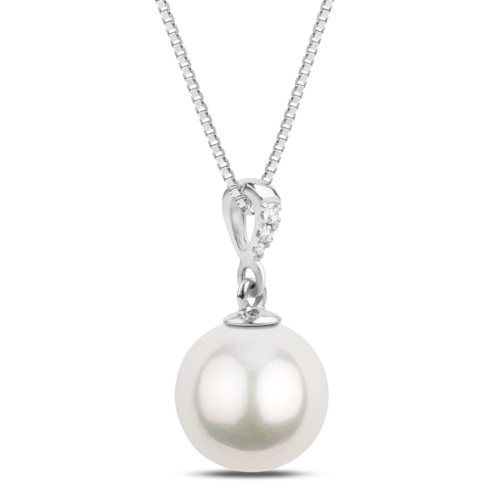 Grace Collection 10.0-11.0 mm White South Sea Pearl and Diamond Pendant with a lustrous white pearl hanging from a delicate white gold chain accented by sparkling diamonds.