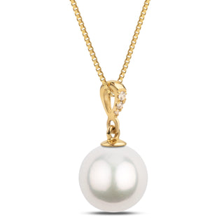 Grace Collection 10.0-11.0 mm White South Sea Pearl and Diamond Pendant featuring a lustrous white pearl suspended from a yellow gold chain accented with small sparkling diamonds.