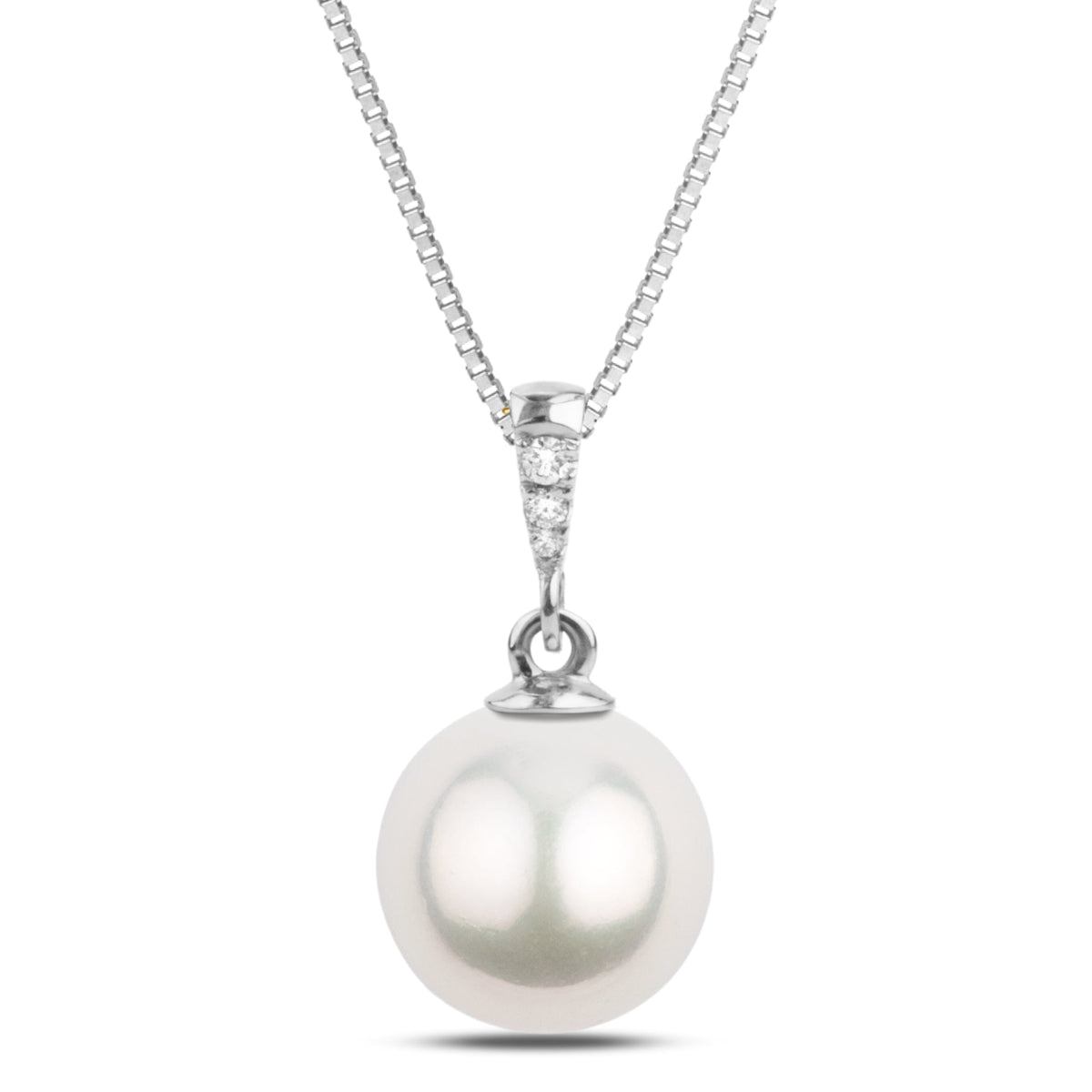 Grace Collection 10.0-11.0 mm White South Sea Pearl and Diamond Pendant featuring a lustrous round white pearl accented with small sparkling diamonds on a delicate white gold chain.