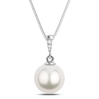 Grace Collection 10.0-11.0 mm White South Sea Pearl and Diamond Pendant featuring a lustrous round white pearl accented with small sparkling diamonds on a delicate white gold chain.