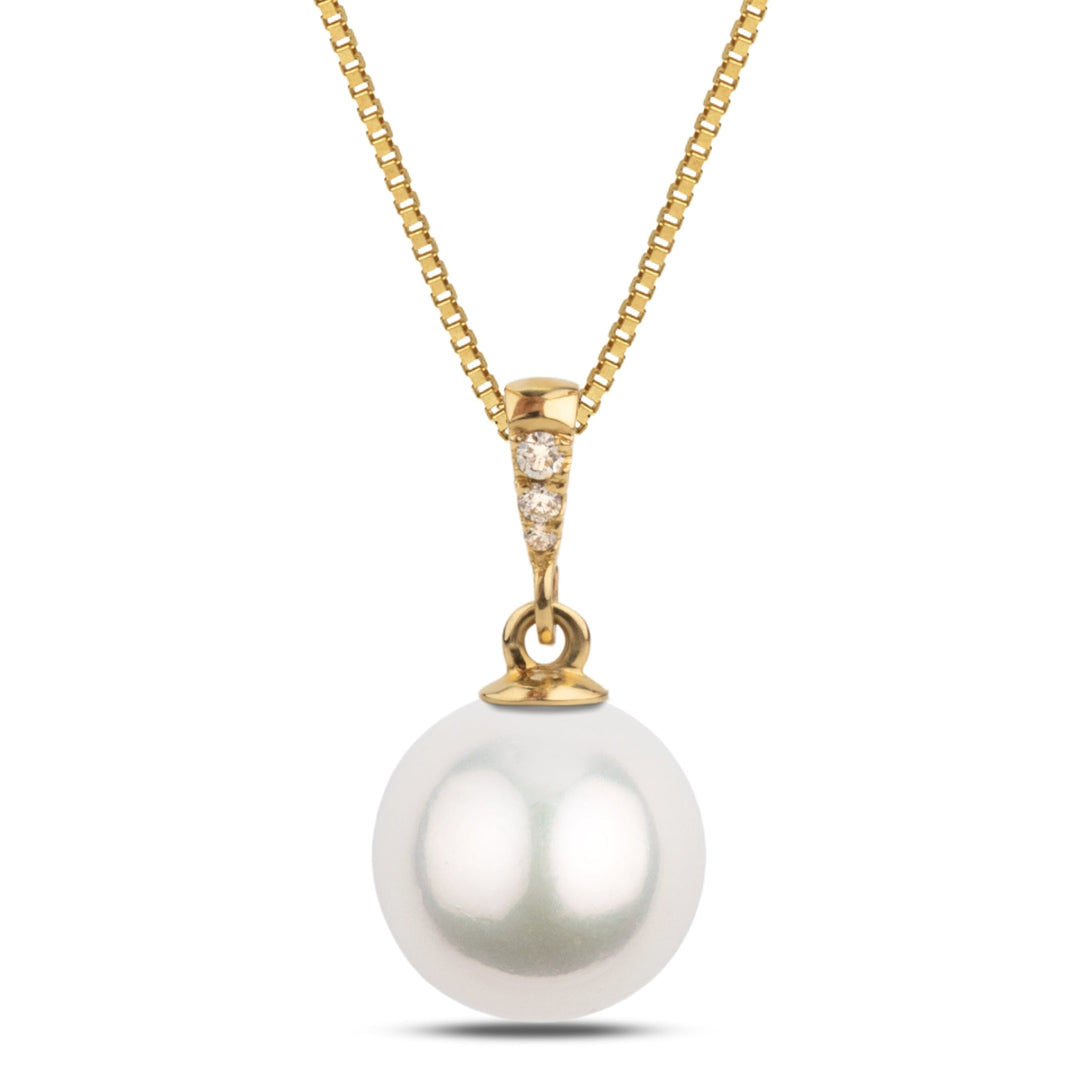 Grace Collection 10.0-11.0 mm White South Sea Pearl and Diamond Pendant featuring a lustrous white pearl with diamonds set in a yellow gold setting on a delicate chain.