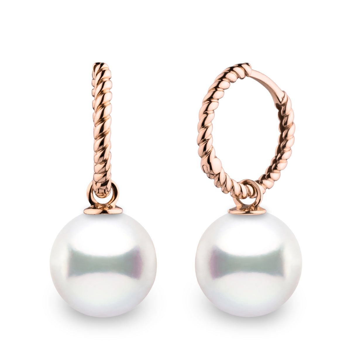 Elegant Rope Collection 10.0-11.0 mm White South Sea Pearl Earrings featuring lustrous white pearls suspended from delicate rose gold twisted hoops.