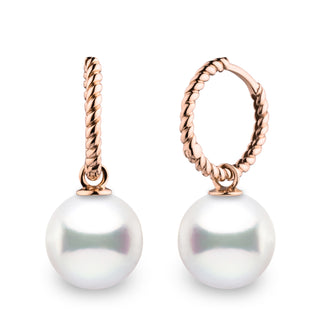 Elegant Rope Collection 10.0-11.0 mm White South Sea Pearl Earrings featuring lustrous white pearls suspended from delicate rose gold twisted hoops.