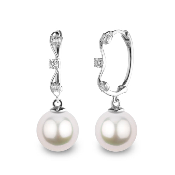 Vine Collection 10.0-11.0 mm White South Sea Pearl and Diamond Hoop Earrings wg