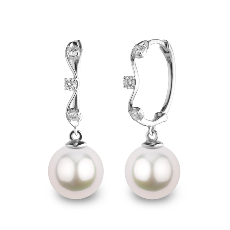 Vine Collection 10.0-11.0 mm White South Sea Pearl and Diamond Hoop Earrings wg