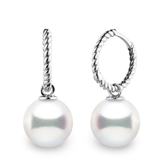 Rope Collection 10.0-11.0 mm White South Sea Pearl Earrings featuring lustrous white South Sea pearls suspended from elegant twisted rope-style 14K white gold hoops, perfect for sophisticated wear.