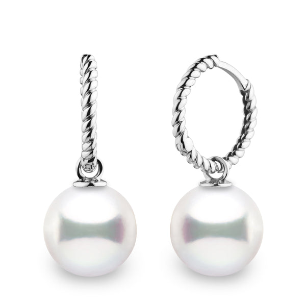 Rope Collection 10.0-11.0 mm White South Sea Pearl Earrings featuring lustrous white South Sea pearls suspended from elegant twisted rope-style 14K white gold hoops, perfect for sophisticated wear.