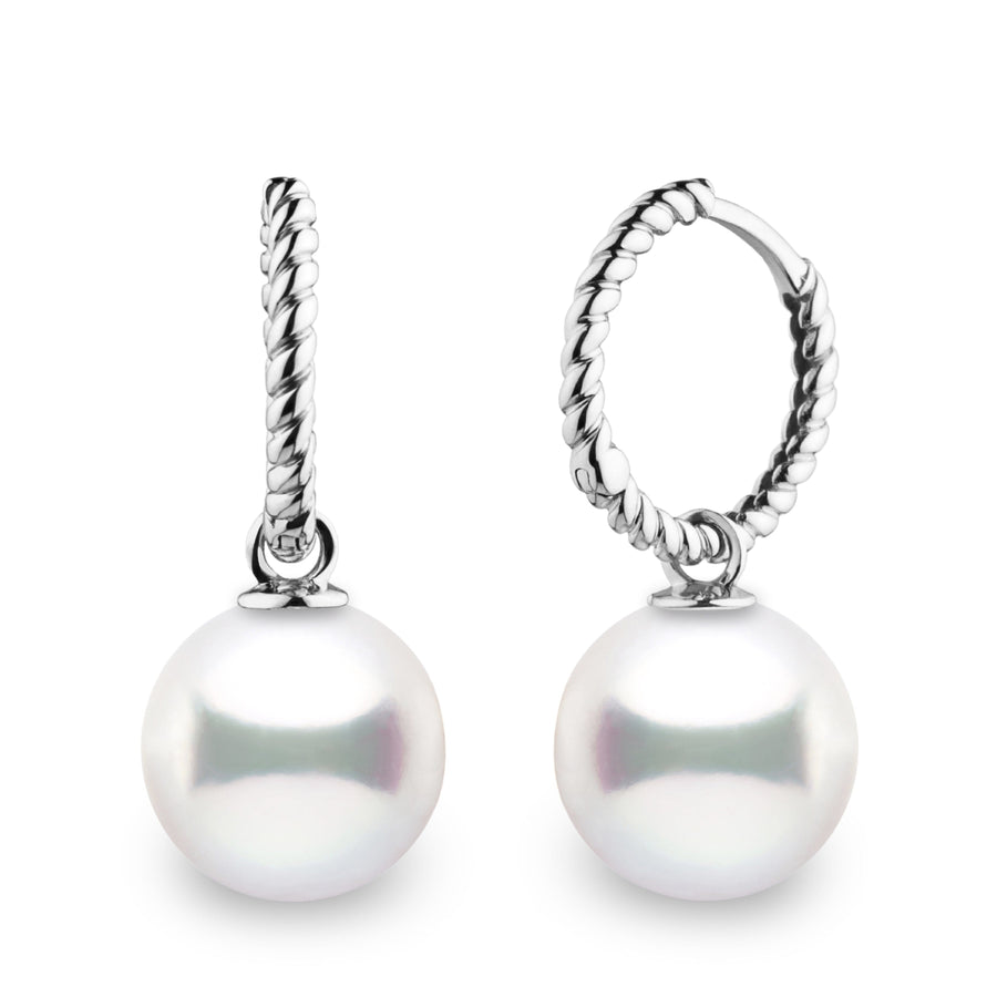 Rope Collection 10.0-11.0 mm White South Sea Pearl Earrings featuring lustrous white South Sea pearls suspended from elegant twisted rope-style 14K white gold hoops, perfect for sophisticated wear.