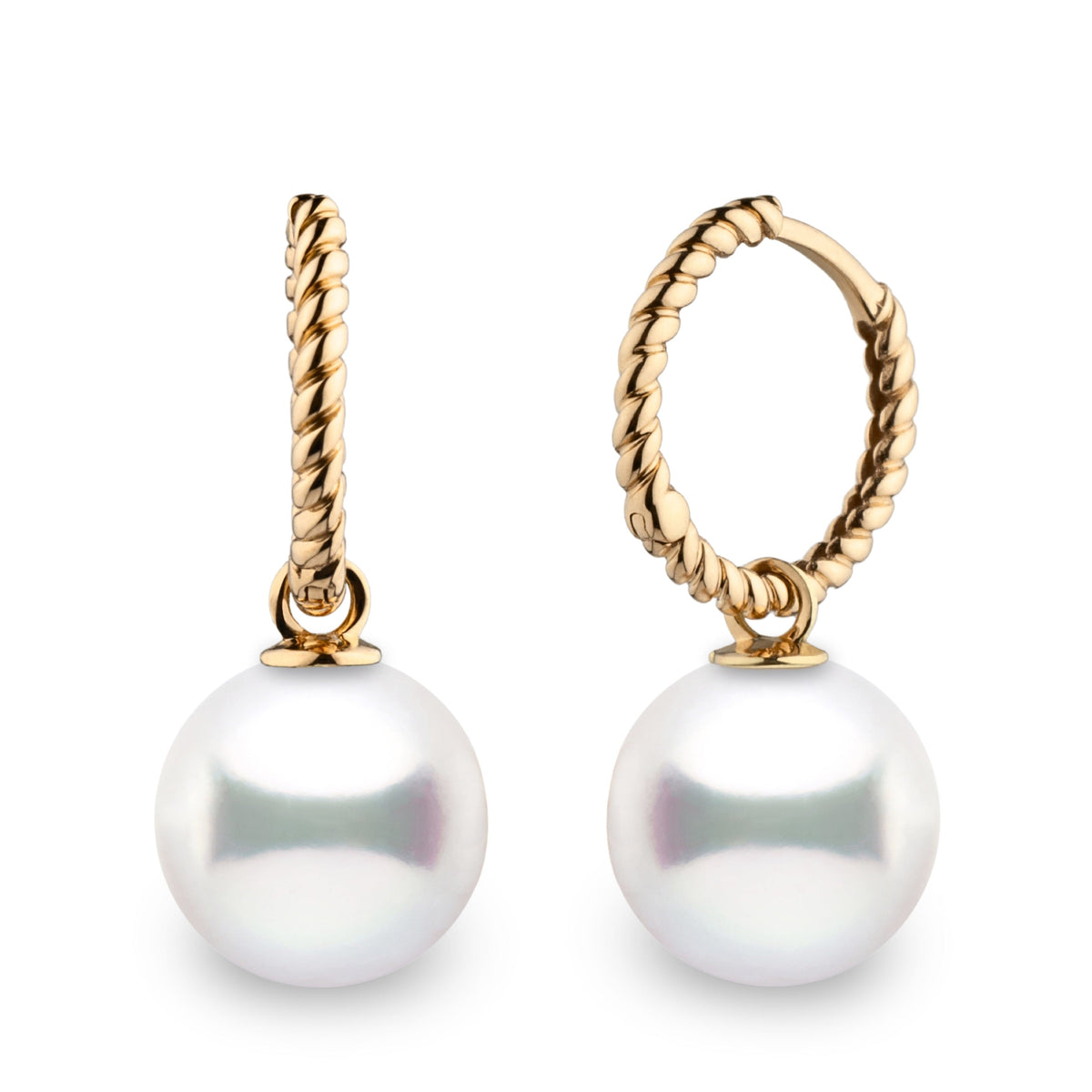 Rope Collection 10.0-11.0 mm White South Sea Pearl Earrings featuring lustrous white pearls suspended from elegant twisted gold hoops, showcasing refined craftsmanship and timeless style.