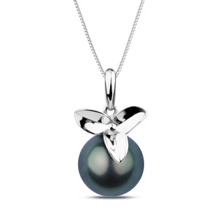 Blossom Collection 10.0-11.0 mm Tahitian Pearl Pendant featuring a lustrous dark Tahitian pearl set beneath a polished white gold floral-inspired bail on a delicate chain.