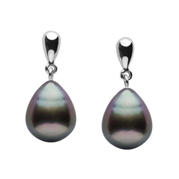Dew Collection 10.0-11.0 mm Tahitian Drop Pearl Earrings featuring lustrous black Tahitian pearls in a sleek 14K white gold setting, showcasing elegant drop design perfect for refined style.