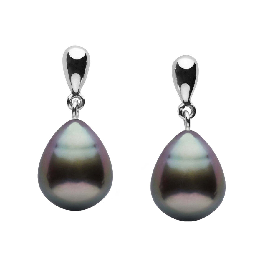 Dew Collection 10.0-11.0 mm Tahitian Drop Pearl Earrings featuring lustrous black Tahitian pearls in a sleek 14K white gold setting, showcasing elegant drop design perfect for refined style.