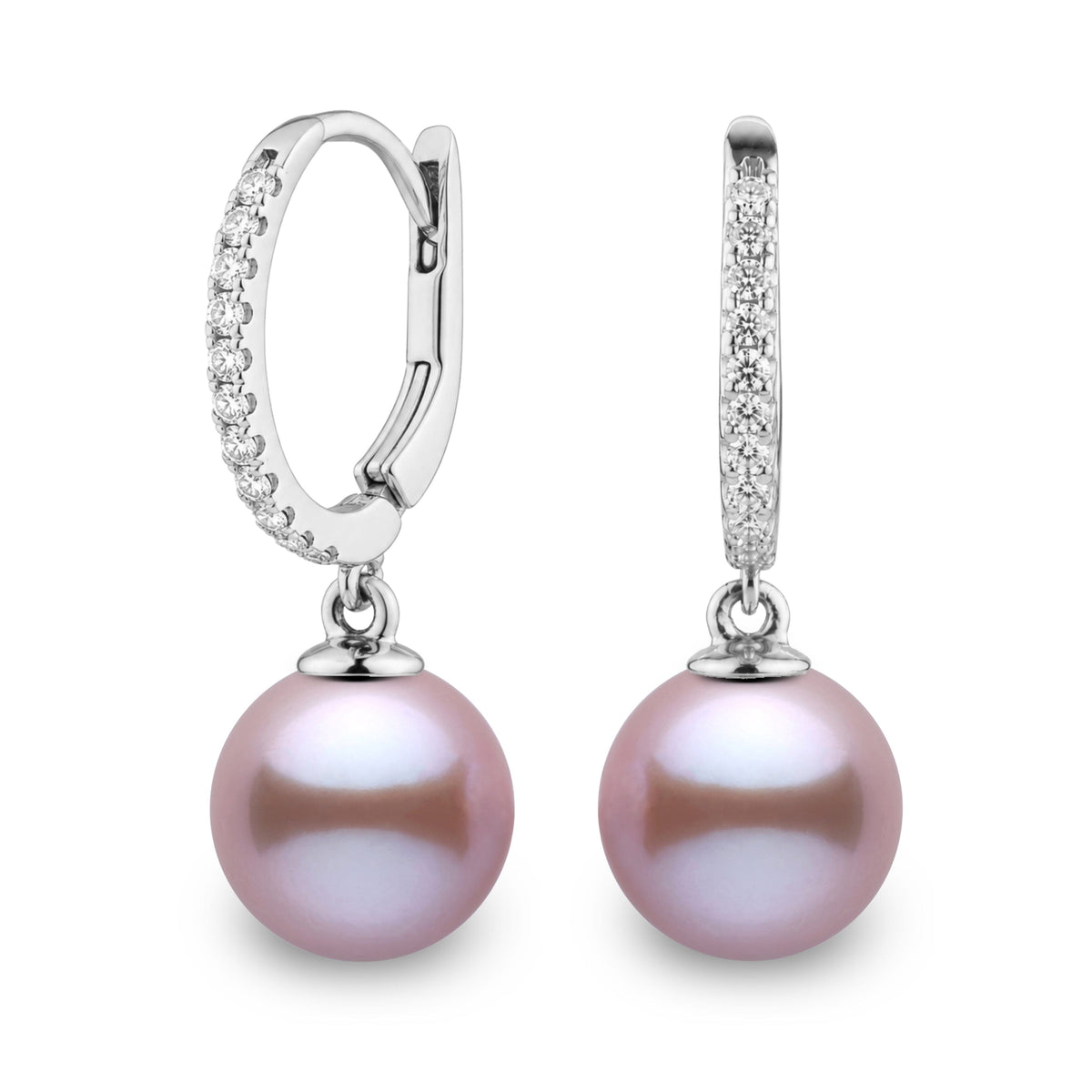 Eternal Collection 10.0-11.0 mm Lavender Freshadama Pearl & Diamond Dangle Earrings in 14K White Gold