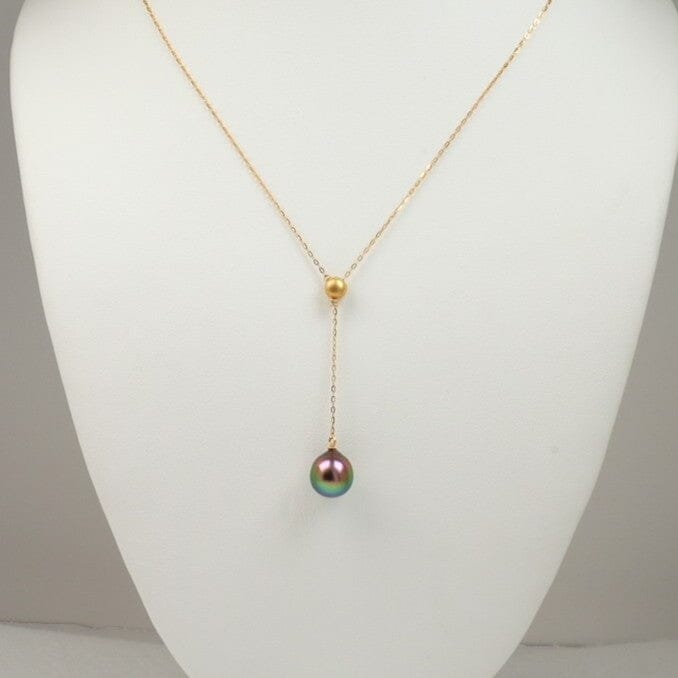 BF-32: 9.4 mm Tahitian Pearl and Diamond Pendant, 18.5" Adj, 18K