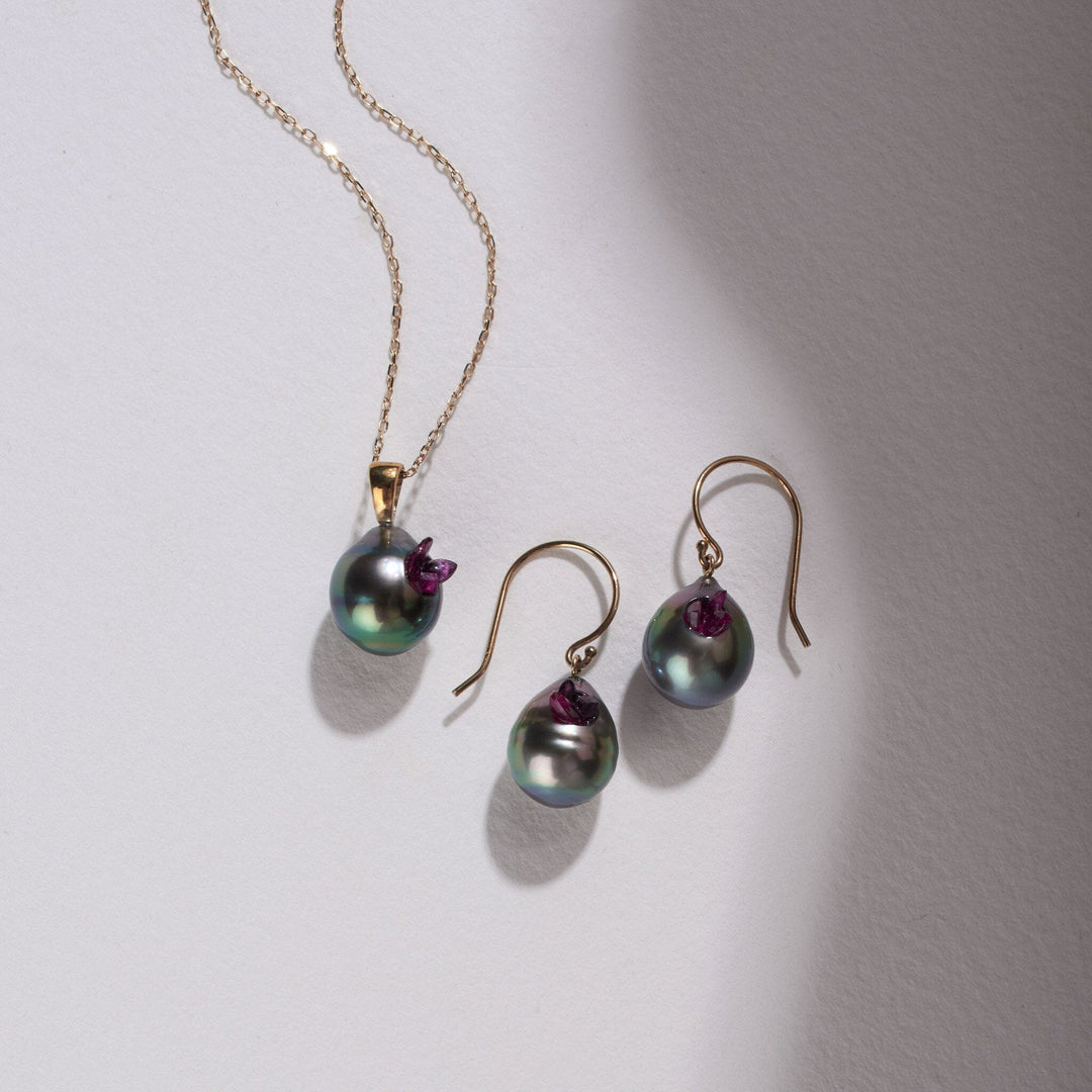 Point Collection Tahitian Drop Pearl Dangle Earrings and Pendant Set with Ruby