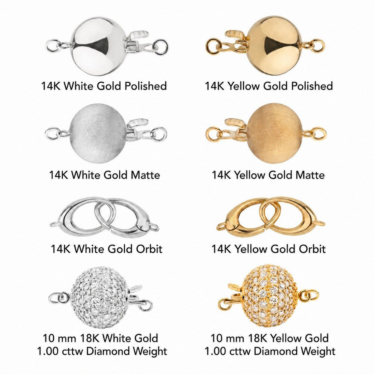 10 mm clasp options in 14 karat white and yellow gold or 18 karat with diamonds