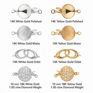 10 mm clasp options in 14 karat white and yellow gold or 18 karat with diamonds