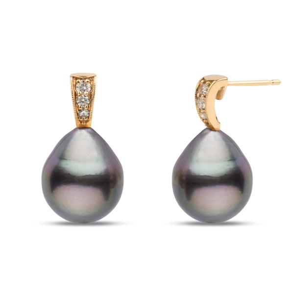 Desire Collection 11.0-12.0 mm Drop Tahitian Pearl & Diamond Earrings featuring elegant black Tahitian pearls with gold settings accented by sparkling diamonds.