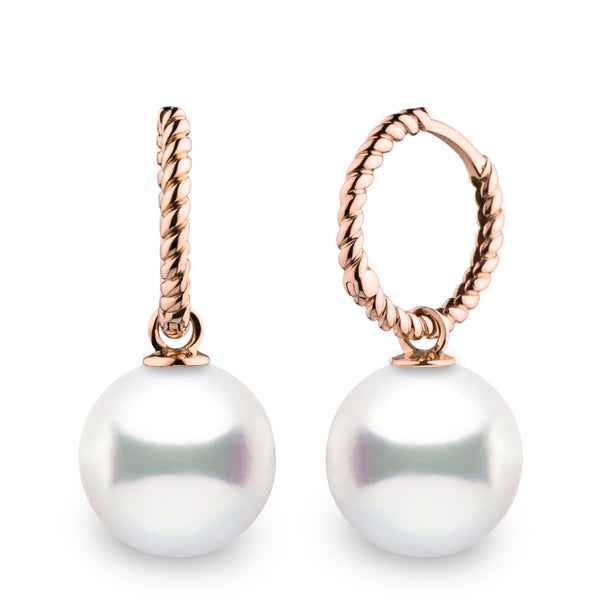 Rope Collection 11.0-12.0 mm White South Sea Pearl Earrings featuring lustrous white pearls suspended from elegant rose gold twisted rope hoop settings.
