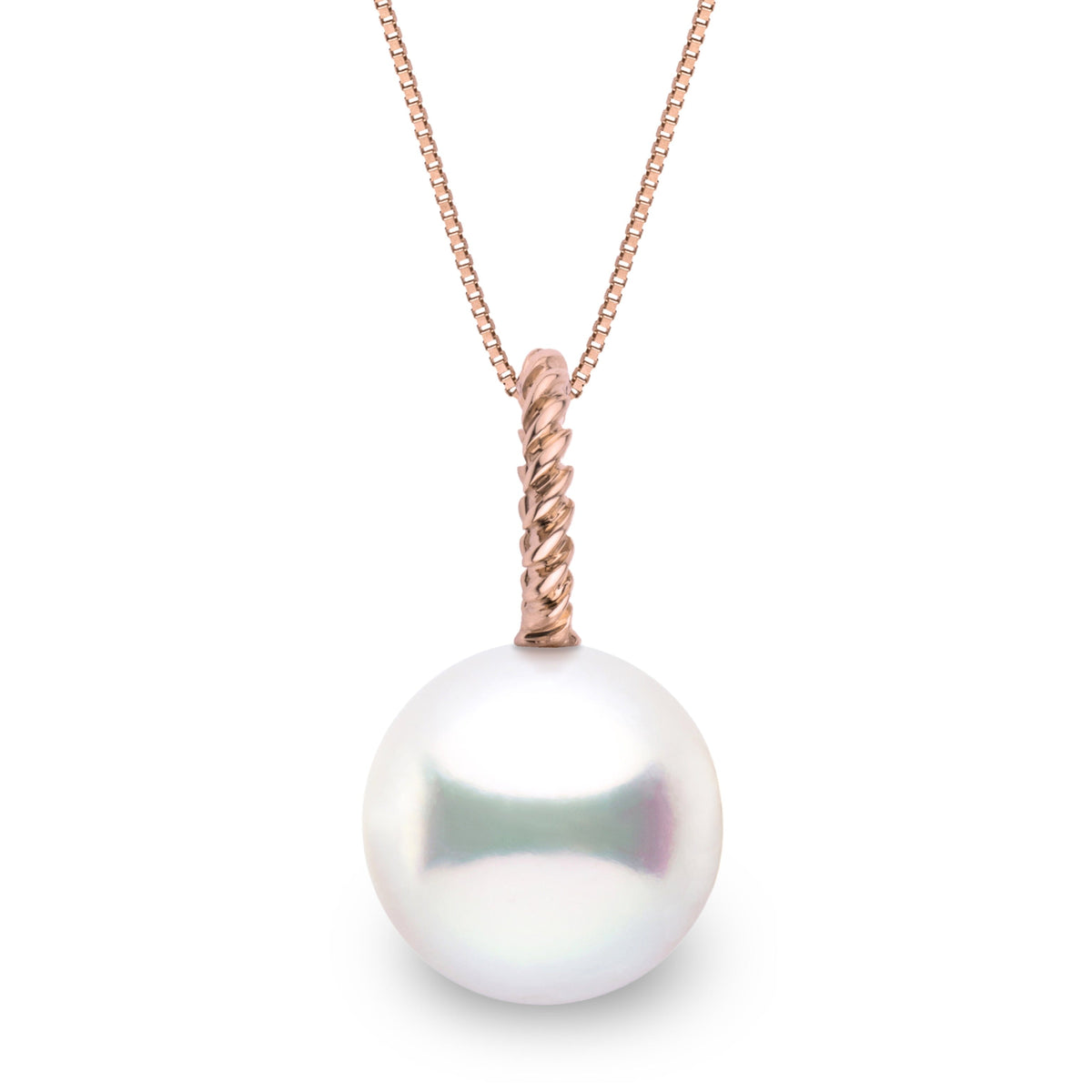 Elegant white South Sea pearl pendant featuring a lustrous pearl suspended from a delicate twisted rose gold rope bail, Rope Collection 11.0-12.0 mm White South Sea Pearl Pendant.