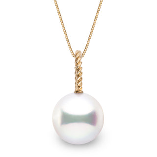 Rope Collection 11.0-12.0 mm White South Sea Pearl Pendant featuring a lustrous white pearl suspended from a delicate twisted gold rope bail on a fine chain necklace.