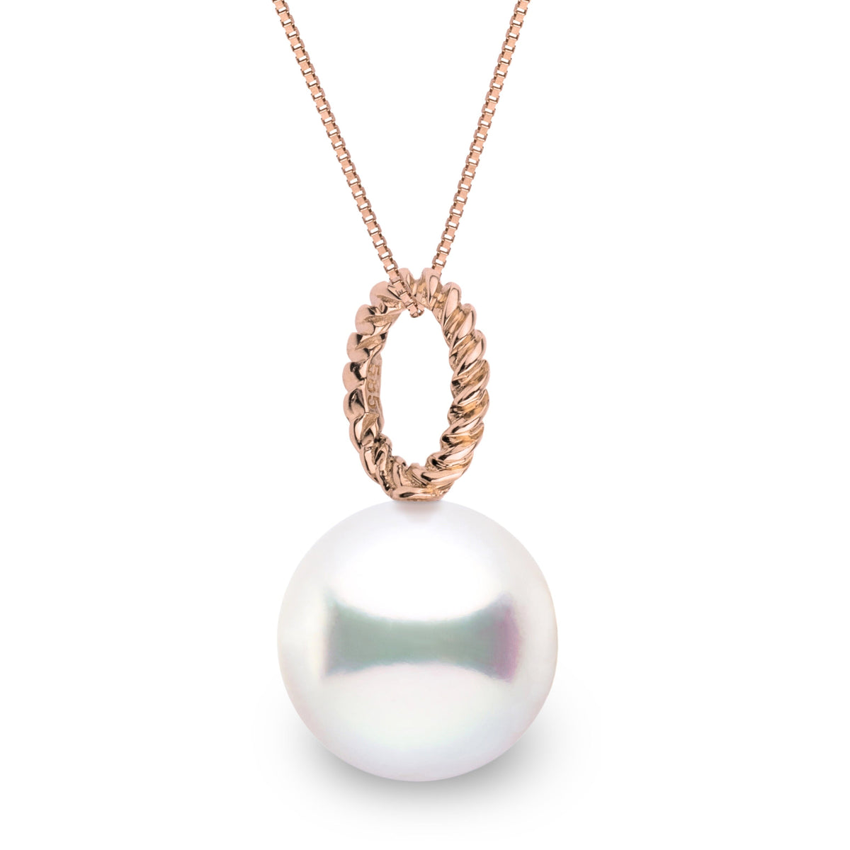 Rope Collection 11.0-12.0 mm White South Sea Pearl Pendant featuring a lustrous white pearl suspended from a twisted rose gold rope-style bail on a delicate chain.