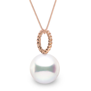 Rope Collection 11.0-12.0 mm White South Sea Pearl Pendant featuring a lustrous white pearl suspended from a twisted rose gold rope-style bail on a delicate chain.