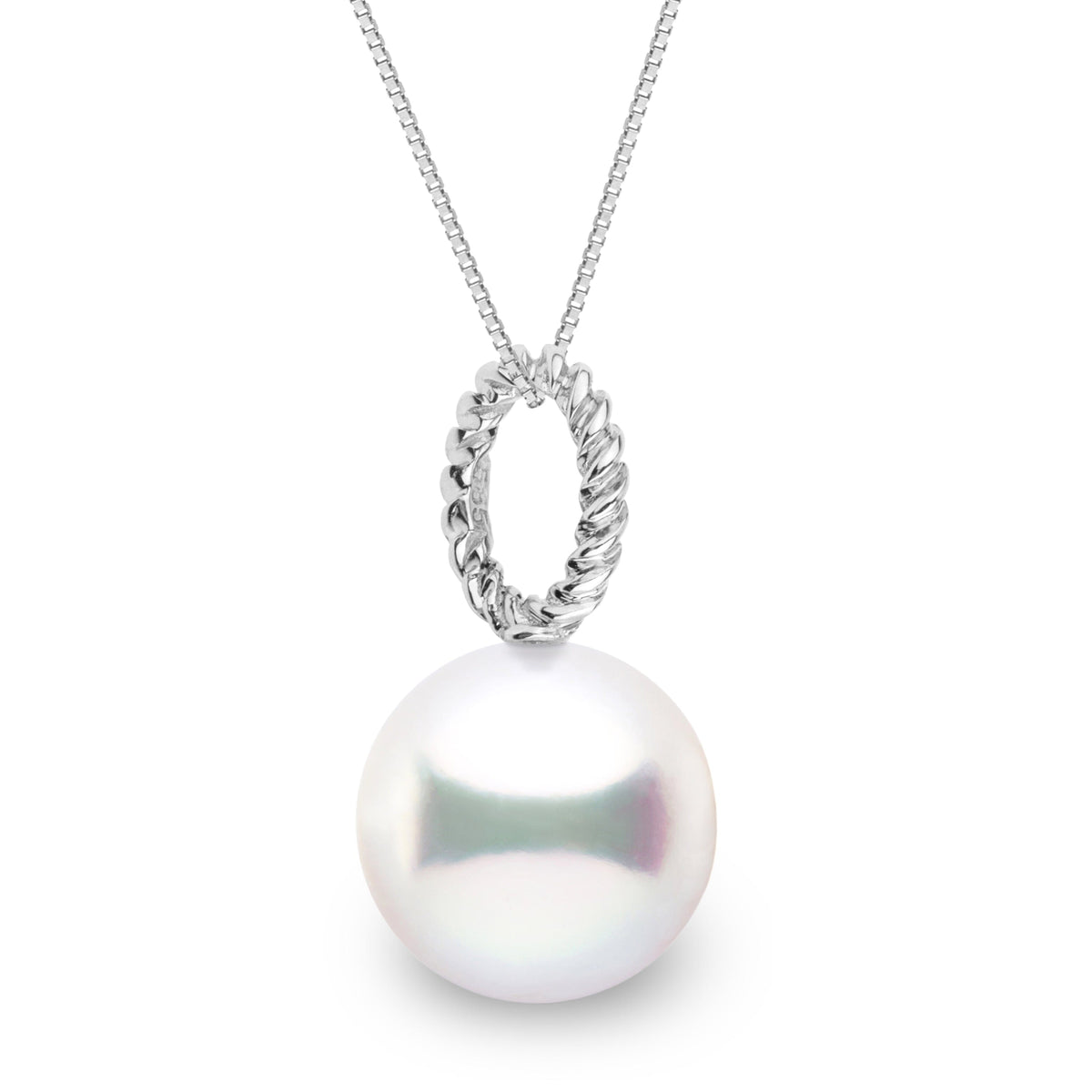 Rope Collection 11.0-12.0 mm White South Sea Pearl Pendant featuring a lustrous white south sea pearl suspended from a twisted rope-style 14K white gold bail on a delicate chain.
