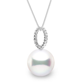 Rope Collection 11.0-12.0 mm White South Sea Pearl Pendant featuring a lustrous white south sea pearl suspended from a twisted rope-style 14K white gold bail on a delicate chain.