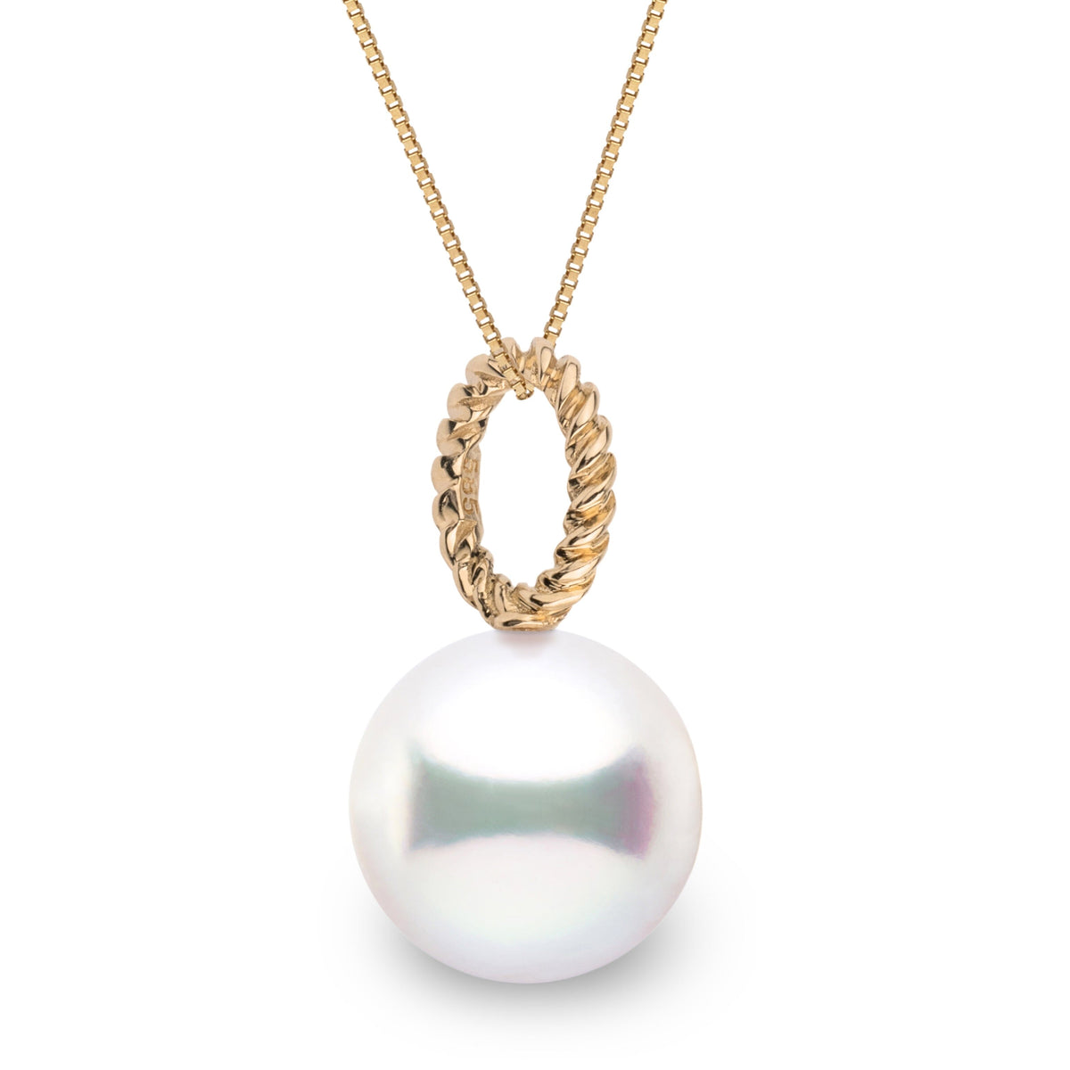 Rope Collection 11.0-12.0 mm White South Sea Pearl Pendant featuring a lustrous white pearl suspended from a twisted gold loop on a fine chain, elegant and timeless accessory.