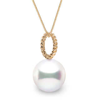 Rope Collection 11.0-12.0 mm White South Sea Pearl Pendant featuring a lustrous white pearl suspended from a twisted gold loop on a fine chain, elegant and timeless accessory.
