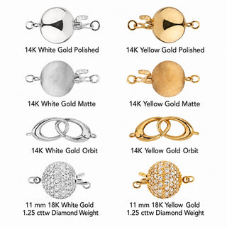 11 mm clasp options in 14 karat white or yellow gold or 18 karat with diamonds