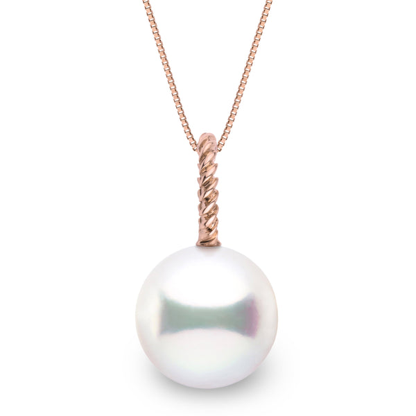Rope Collection 12.0-13.0 mm White South Sea Pearl Pendant features a lustrous white South Sea pearl suspended from a delicate twisted rope-style rose gold bail, creating elegant sophistication.