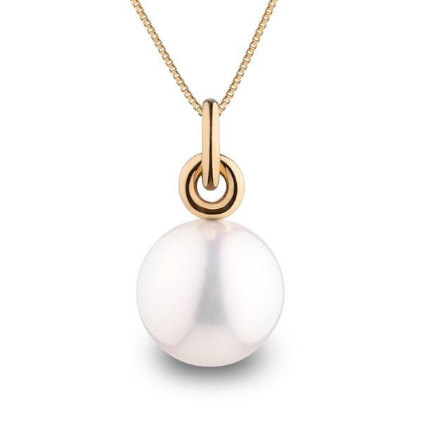 Double Loop 12.0-13.0 mm White South Sea Pearl Pendant featuring a lustrous white pearl suspended from a delicate gold double loop bail on a fine chain.