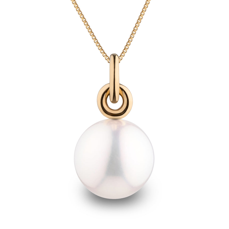 Double Loop 12.0-13.0 mm White South Sea Pearl Pendant featuring a lustrous white pearl suspended from a delicate gold double loop bail on a fine chain.