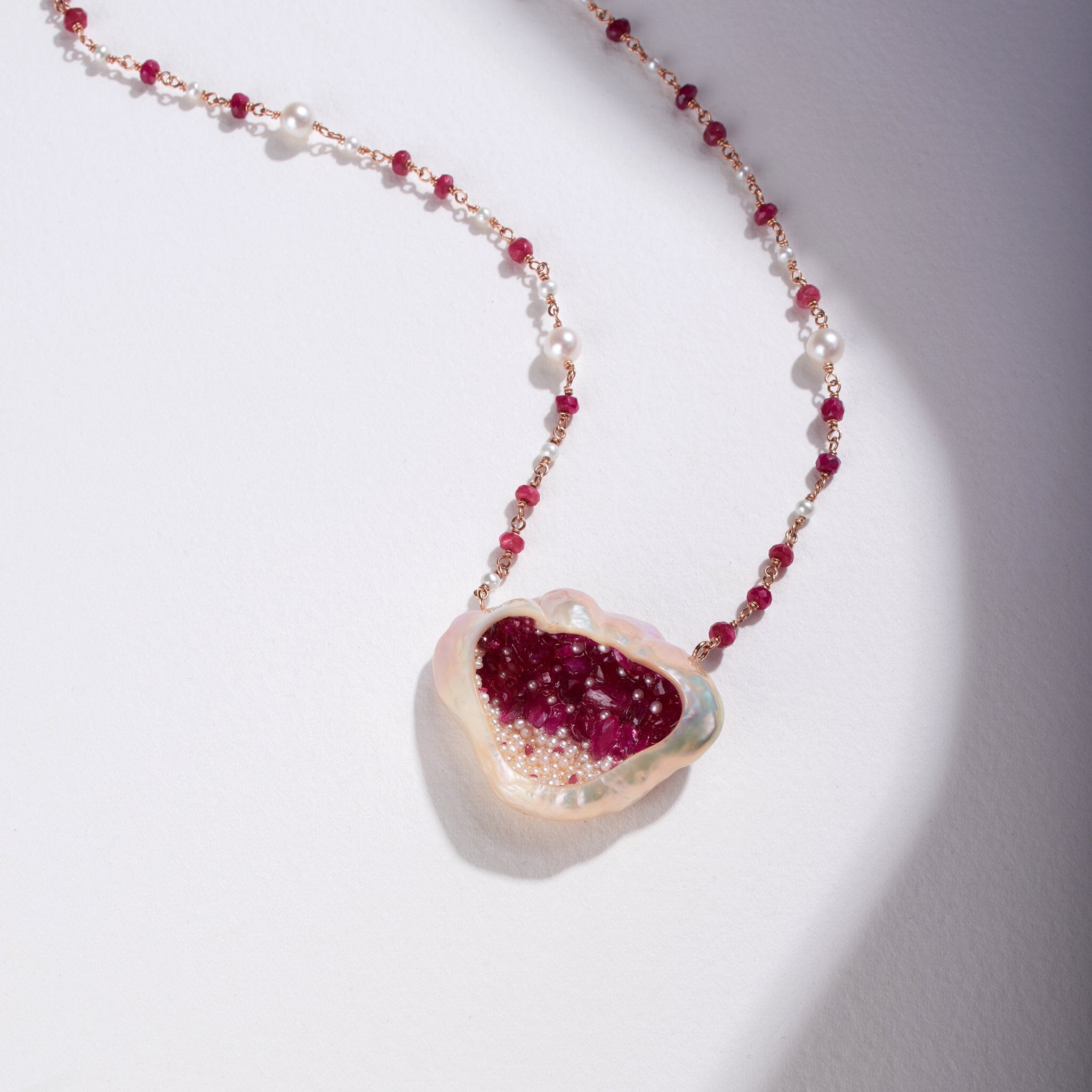 Freshwater Souffle Pearl Finestrino Necklace with Seed Pearls, Akoya Pearls, and Rubies